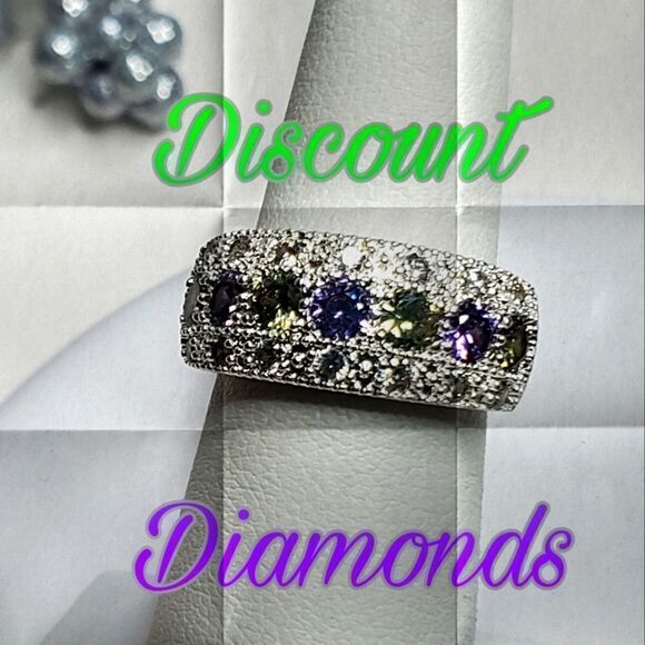 Green & Blue Diamonds Baguette White Diamonds Ring on 925 Silver Ring - Picture 1 of 7